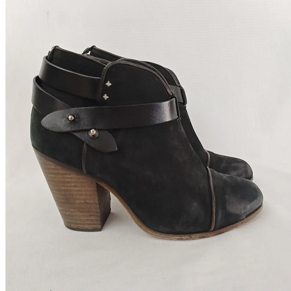 Rag & Bone Harrow Black Suede Leather‎ Stacked Heeled Ankle Strap Bootie size 37